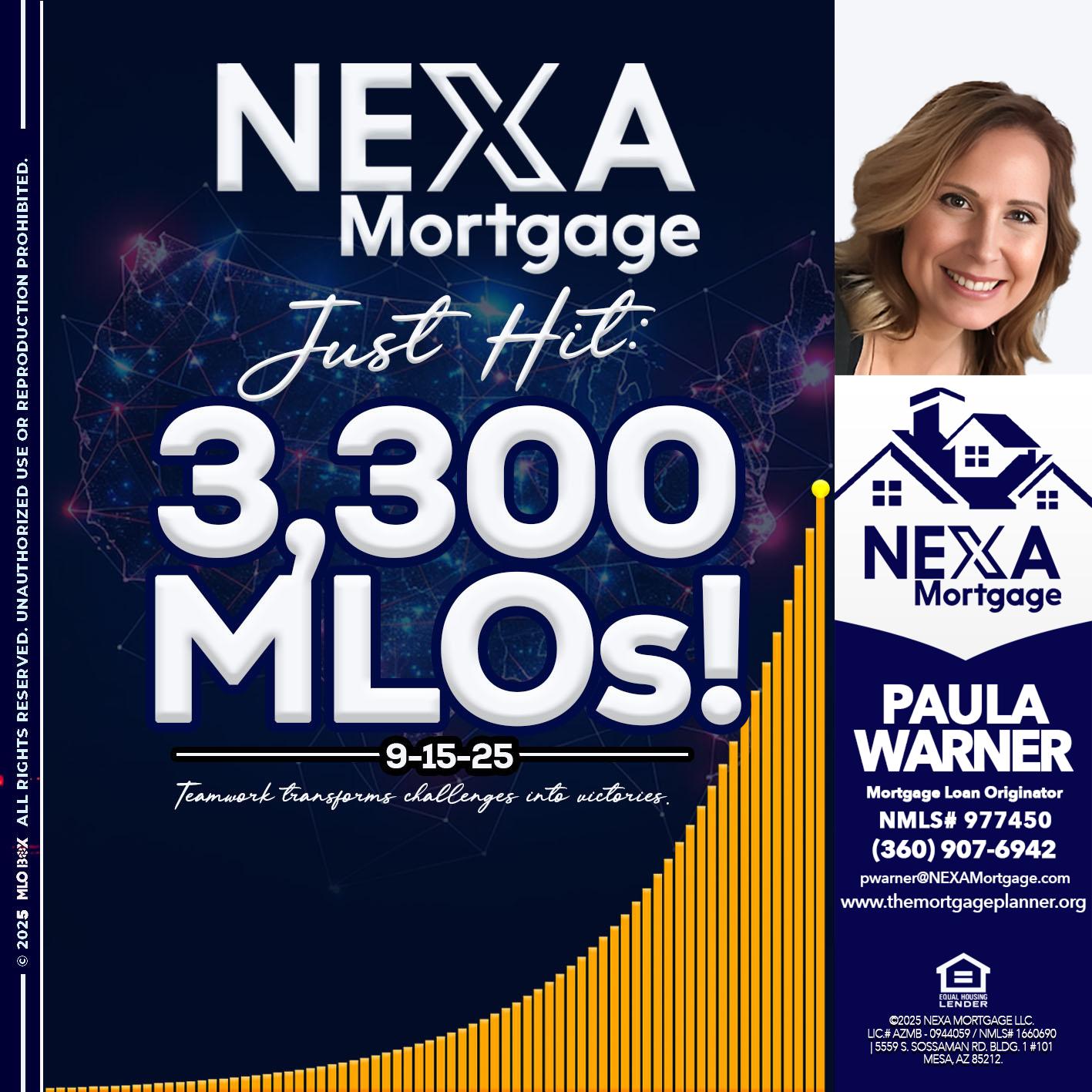 NEXA JUST HIT 3300 MLOS - Paula Warner -Mortgage Loan Originator