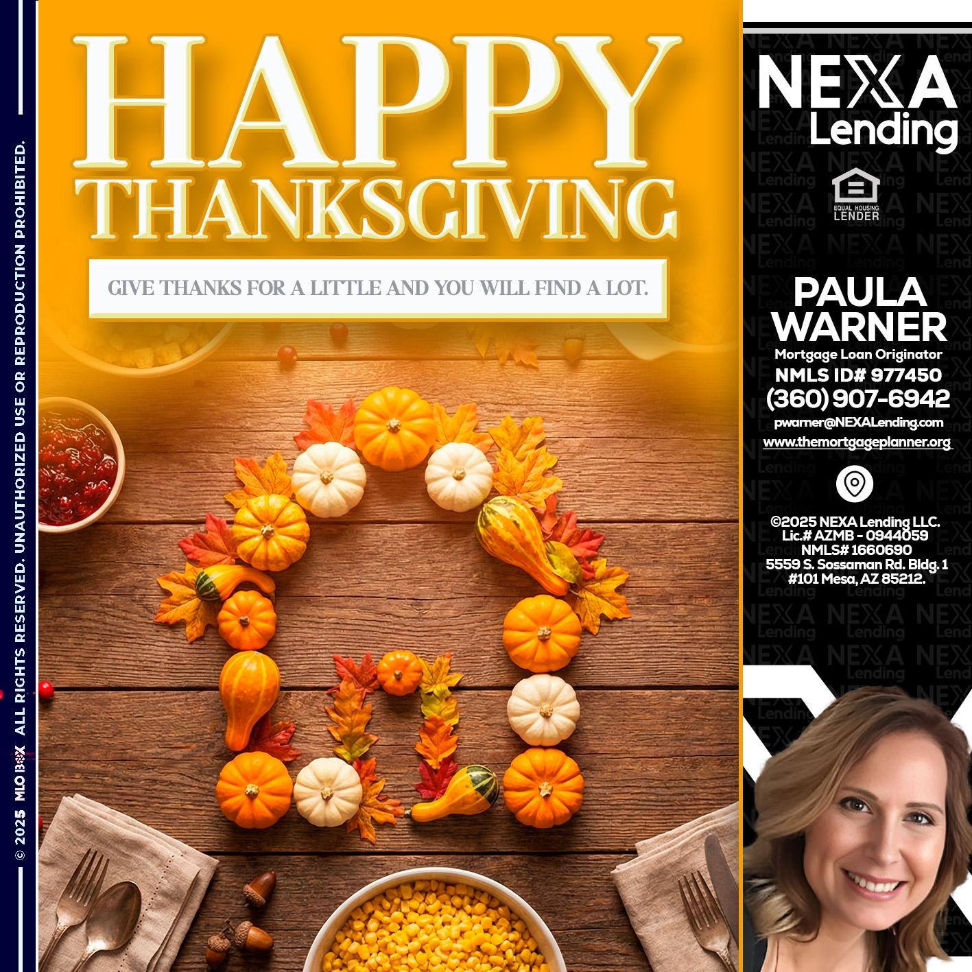 HAPPY THANKSGIVING - Paula Warner -Mortgage Loan Originator