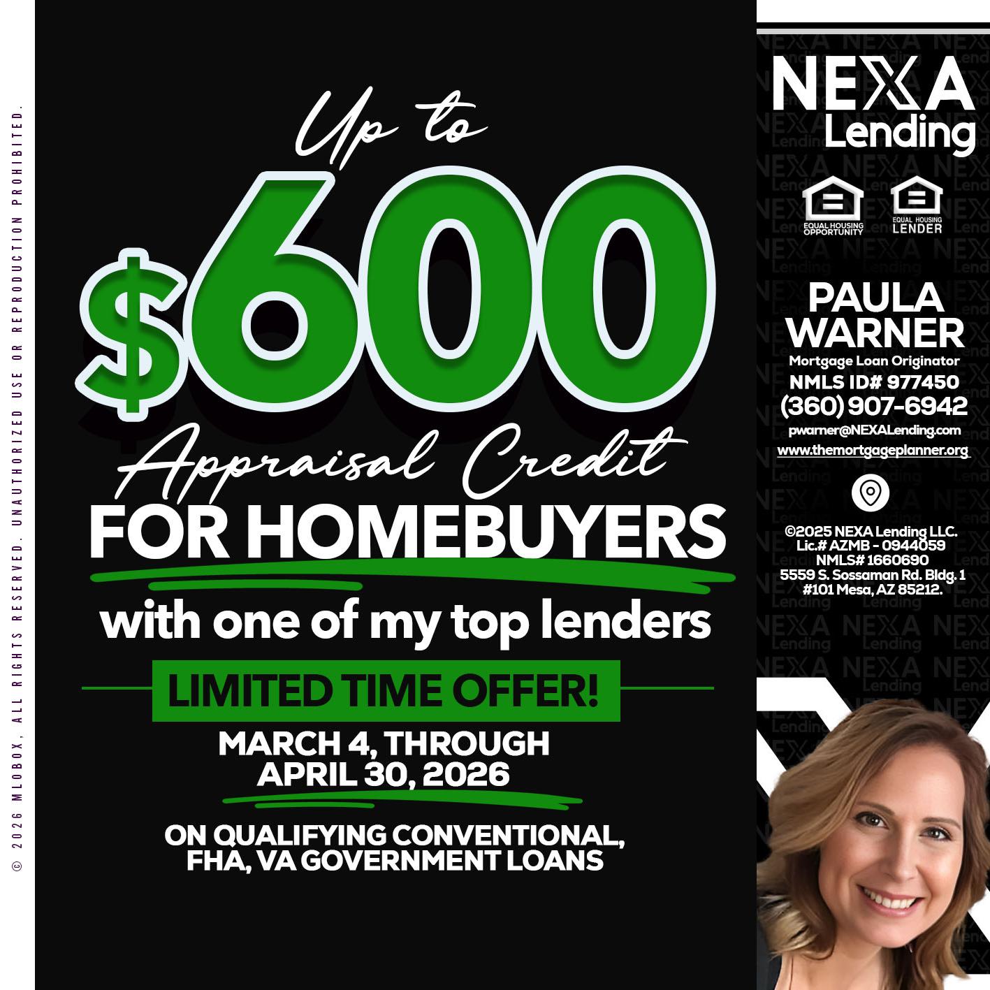 up to $600 - Paula Warner -Mortgage Loan Originator