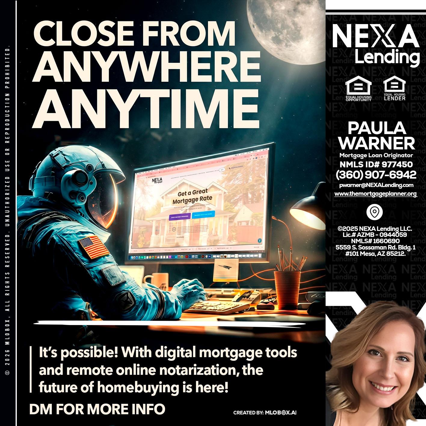 CLOSE FROM - Paula Warner -Mortgage Loan Originator