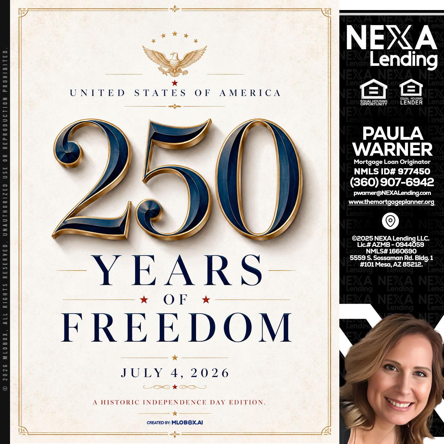 250 YEARS - Paula Warner -Mortgage Loan Originator